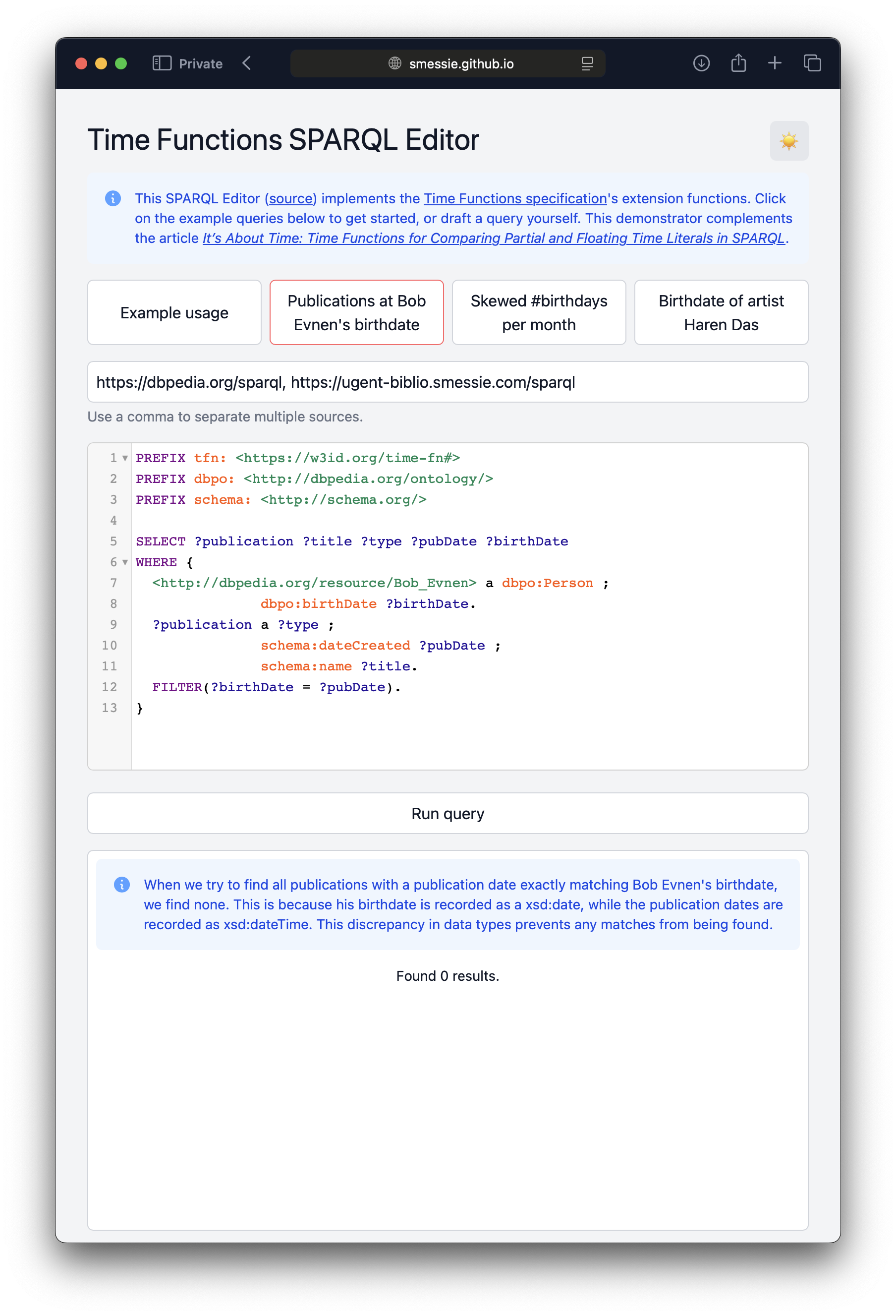 [Demo app with default query comparing an `xsd:date` to an `xsd:dateTime` yielding no results.]