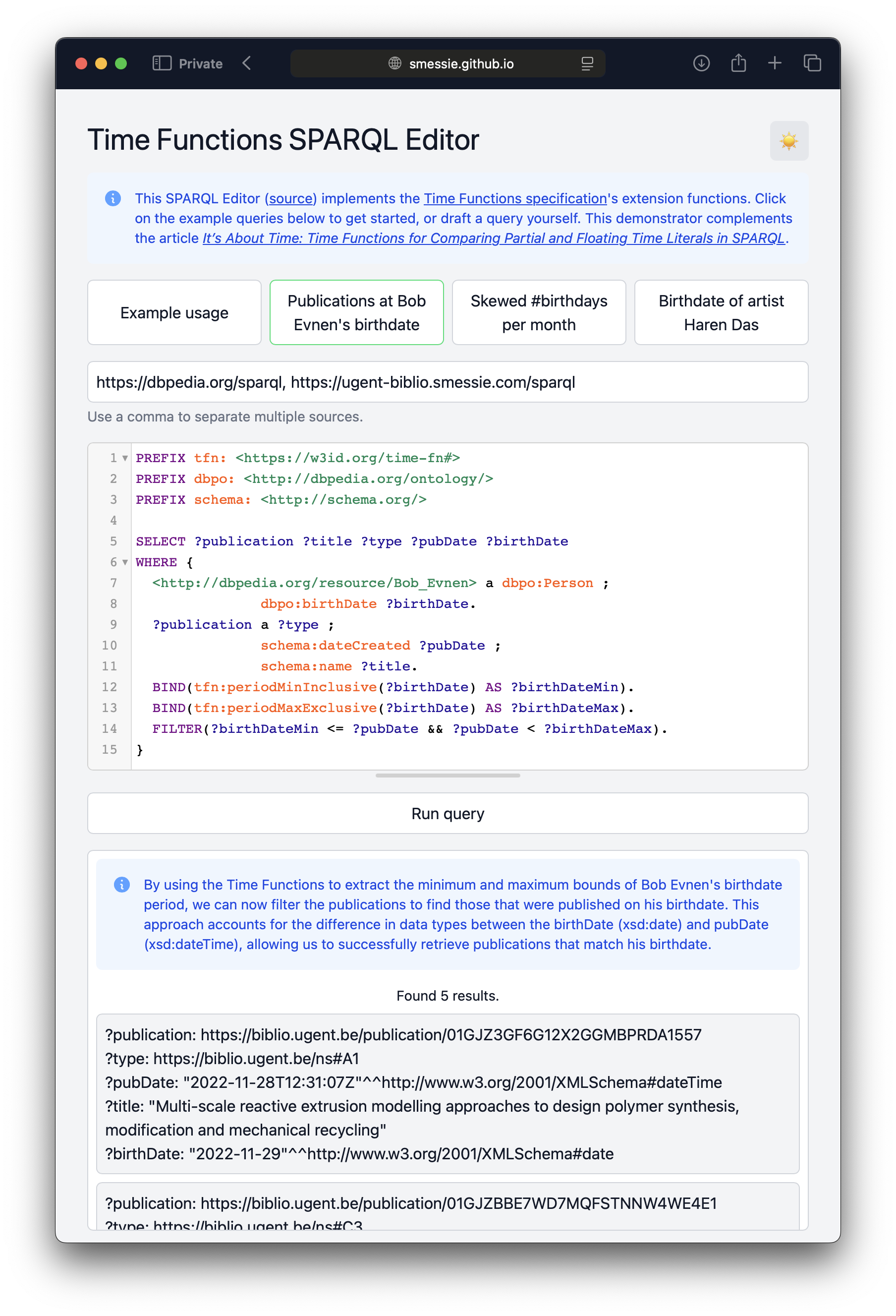 [Demo app with query using Time Functions to compare an `xsd:date` to an `xsd:dateTime`, yielding expected results.]